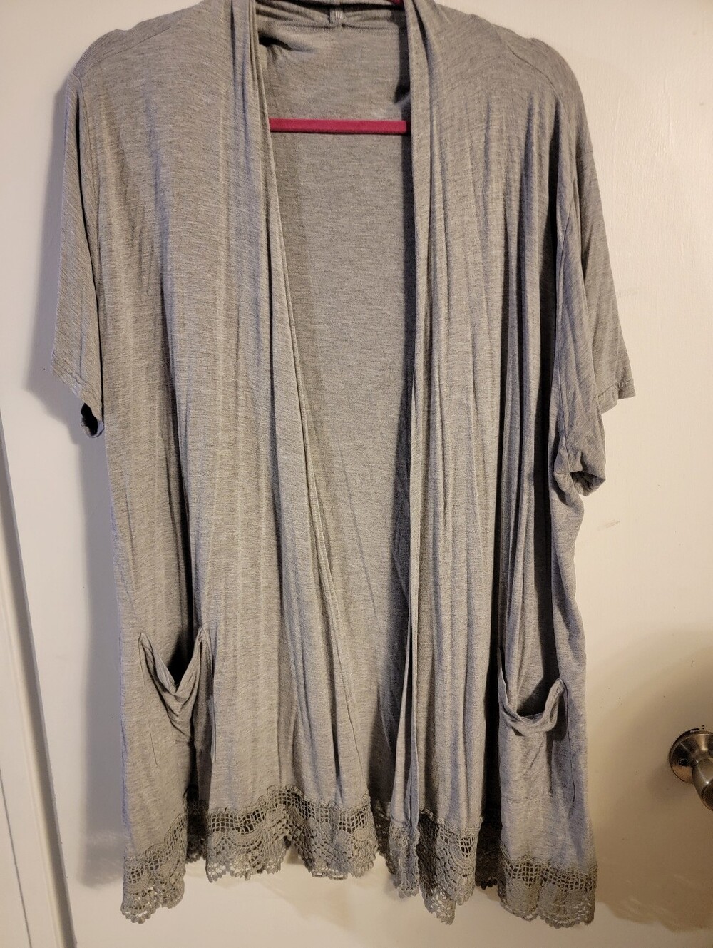 Lightweight Gray Open Front Short Sleeve Cardigan with Lace Trim